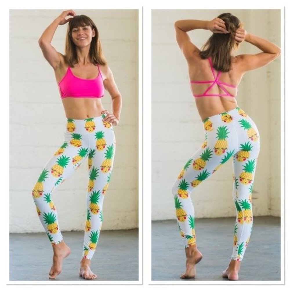 Flexi Lexi White Pineapple Print High Rise Stretchy Leggings Small